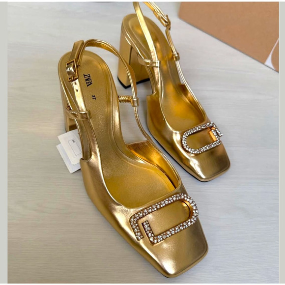 ZARA BLOGGER FAVE!!! Gold Square Toe Slingback Pumps ✨ Size 6.5 & 7.5 NWT - Picture 5 of 16